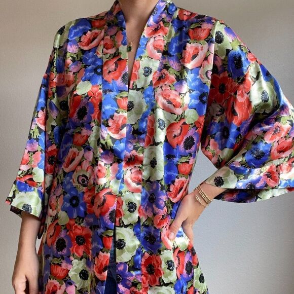 Vintage 90s Gold Label Victoria Secret Floral Satin Night Gown Robe Sz M - Picture 5 of 10